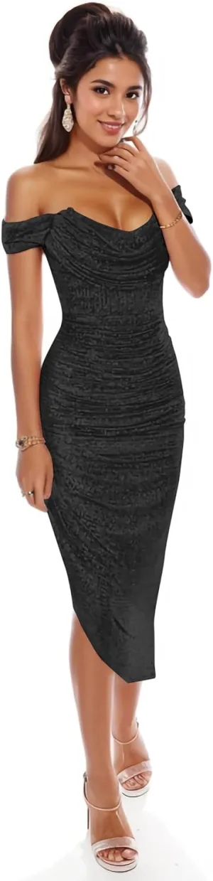Off Shoulder Sequin Prom Dresses 2024 Sparkly Cowl Neck Asymmetric Mermaid Tight Ball Dresses Party Gown