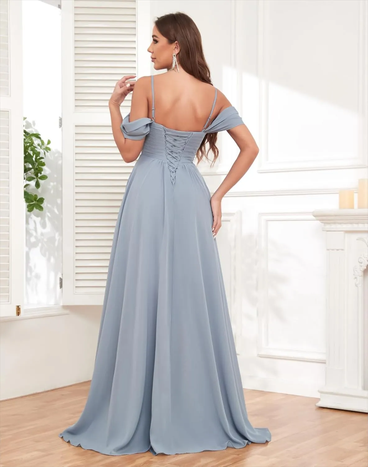 Off The Shoulder Bridesmaid Dresses for Wedding Long Chiffon Ruffle Pleated Formal Evening Dress with Pocket