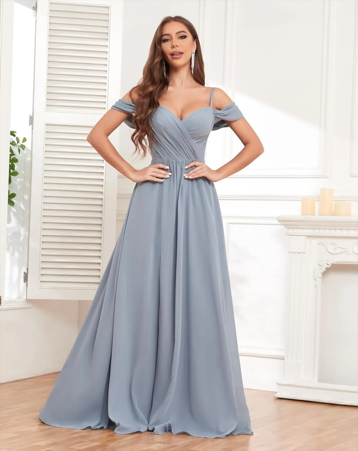 Off The Shoulder Bridesmaid Dresses for Wedding Long Chiffon Ruffle Pleated Formal Evening Dress with Pocket