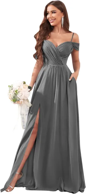 Off The Shoulder Bridesmaid Dresses for Wedding Long Chiffon Ruffle Pleated Formal Evening Dress with Pocket