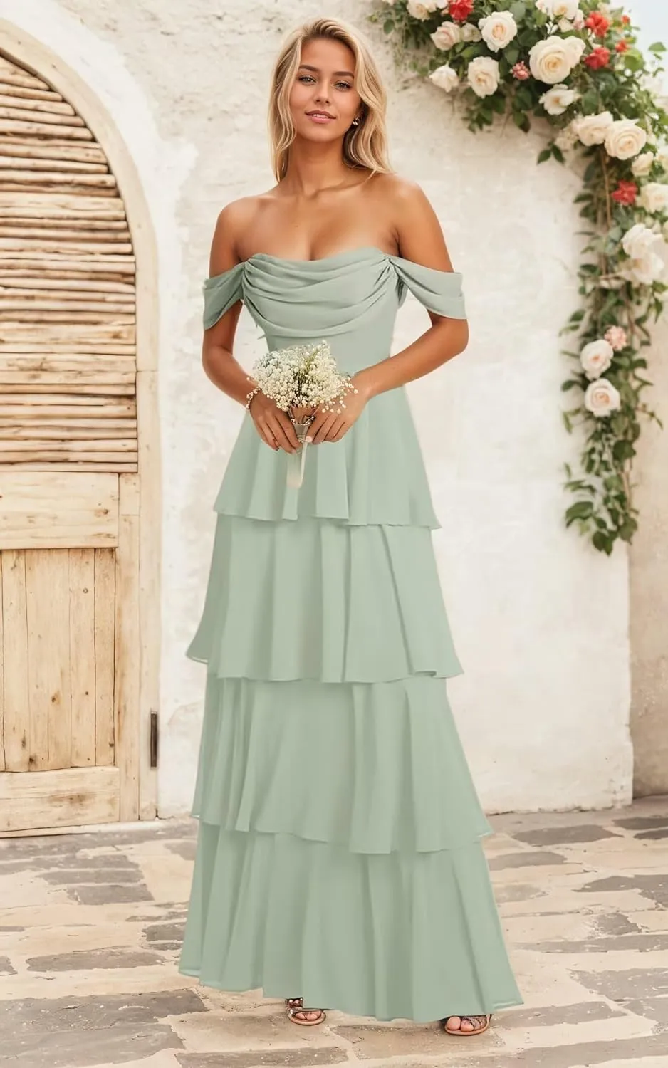 Off The Shoulder Bridesmaid Dresses for Women Long Formal Dress Chiffon Tiered Evening Party Gown