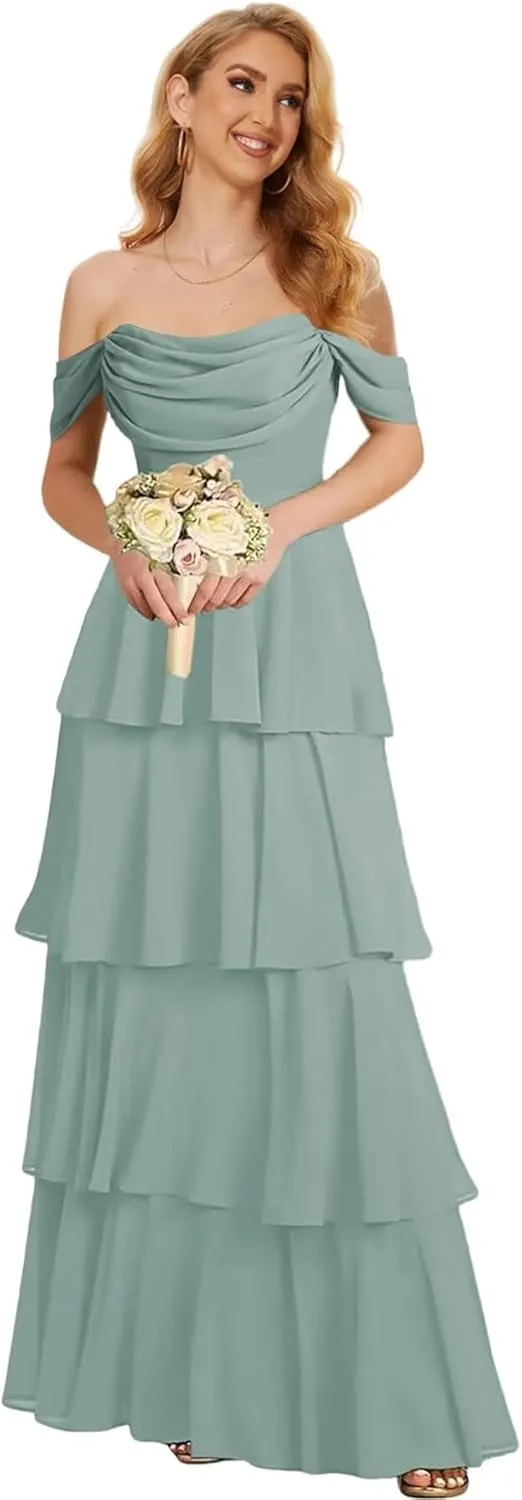 Off The Shoulder Bridesmaid Dresses for Women Long Formal Dress Chiffon Tiered Evening Party Gown