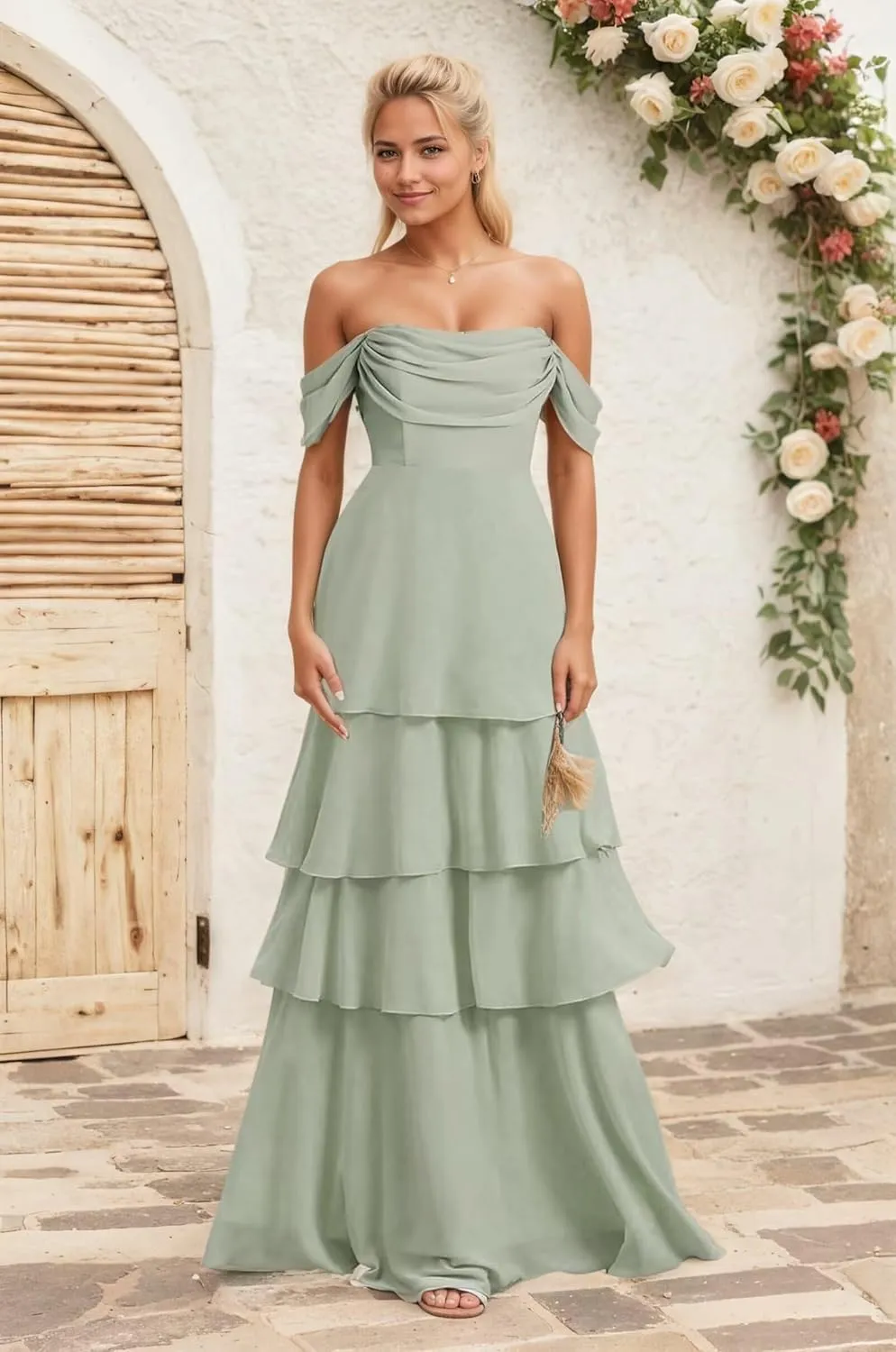 Off The Shoulder Bridesmaid Dresses for Women Long Formal Dress Chiffon Tiered Evening Party Gown