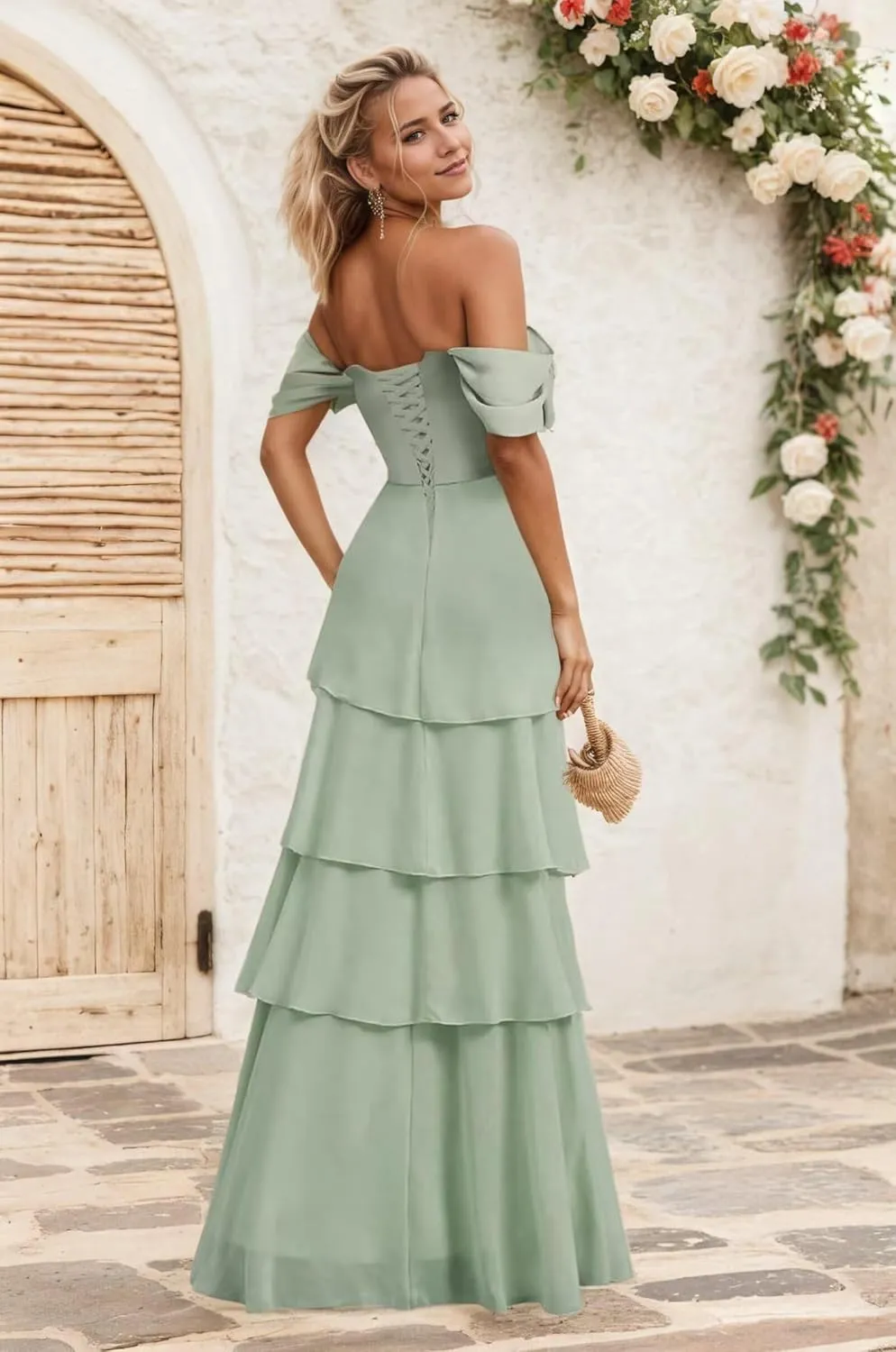 Off The Shoulder Bridesmaid Dresses for Women Long Formal Dress Chiffon Tiered Evening Party Gown