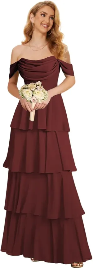 Off The Shoulder Bridesmaid Dresses for Women Long Formal Dress Chiffon Tiered Evening Party Gown