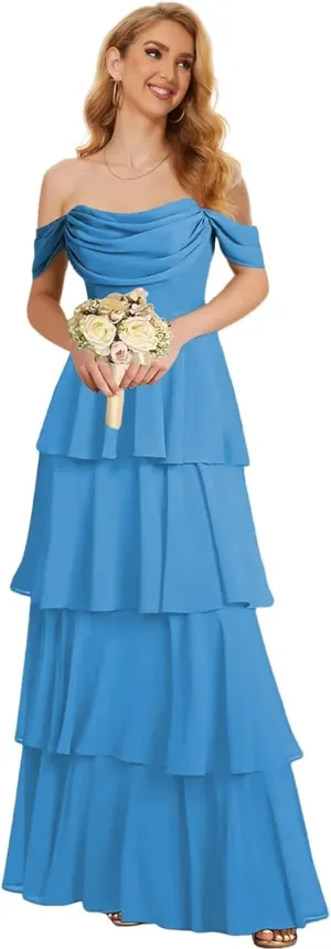 Off The Shoulder Bridesmaid Dresses for Women Long Formal Dress Chiffon Tiered Evening Party Gown