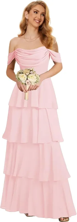 Off The Shoulder Bridesmaid Dresses for Women Long Formal Dress Chiffon Tiered Evening Party Gown