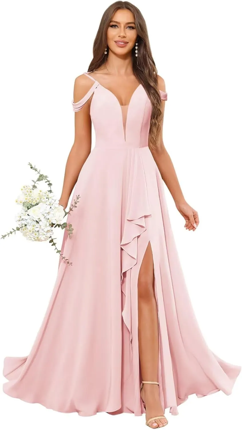 Off The Shoulder Bridesmaid Dresses with Slit Lace V-Neck Chiffon A Line Prom Formal Gown with Ruffle