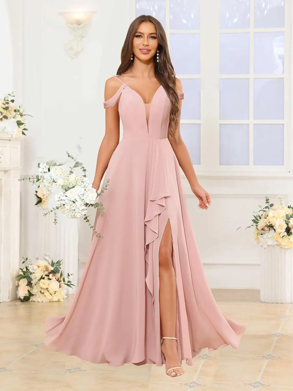 Off The Shoulder Bridesmaid Dresses with Slit Lace V-Neck Chiffon A Line Prom Formal Gown with Ruffle