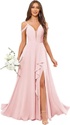 Off The Shoulder Bridesmaid Dresses with Slit Lace V-Neck Chiffon A Line Prom Formal Gown with Ruffle