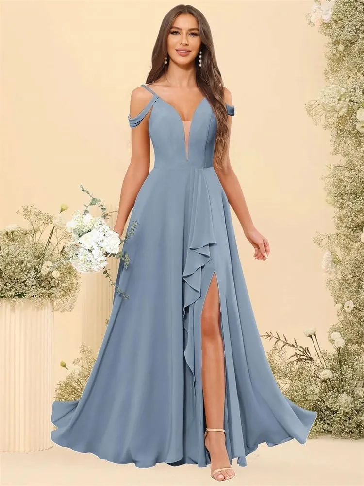 Off The Shoulder Bridesmaid Dresses with Slit Lace V-Neck Chiffon A Line Prom Formal Gown with Ruffle