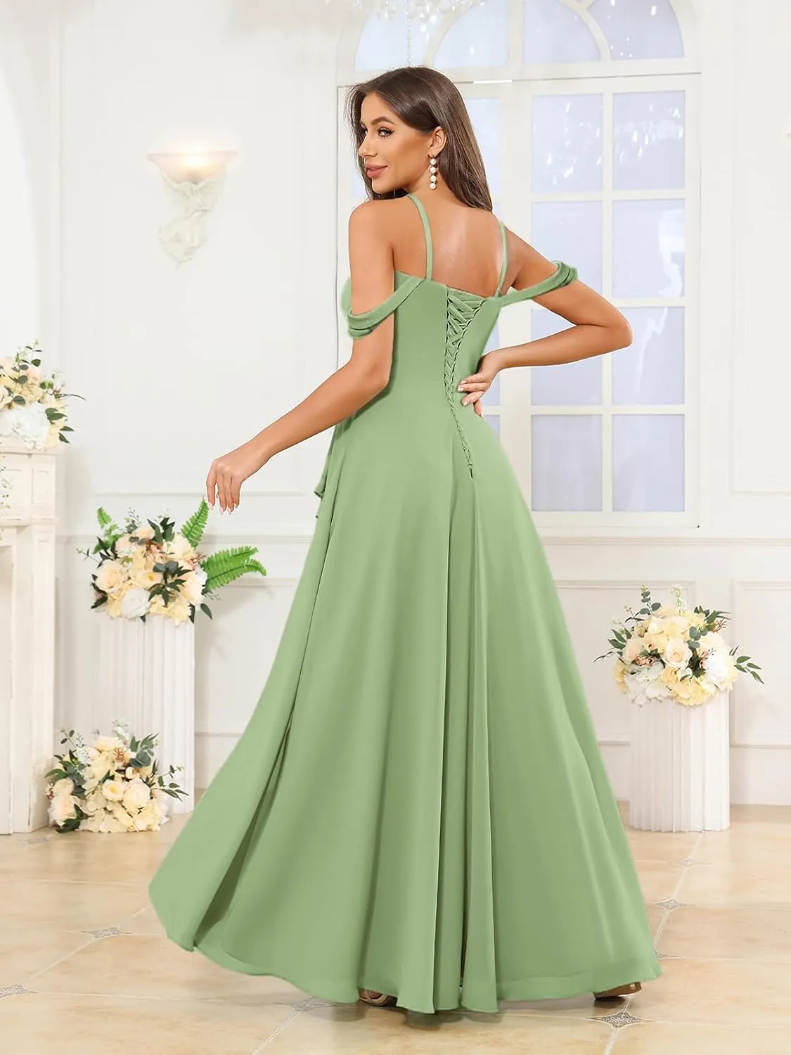 Off The Shoulder Bridesmaid Dresses with Slit Lace V-Neck Chiffon A Line Prom Formal Gown with Ruffle