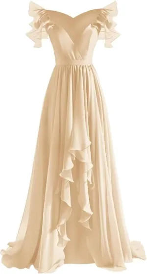 Off The Shoulder High Low Bridesmaid Dresses for Wedding Ruffles Chiffon Maxi Formal Evening Party Gown 2024