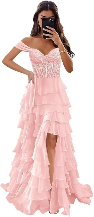 Off The Shoulder Prom Dresses for Women 2025 Long Lace Appliques Tiered Chiffon Formal Dress with Slit