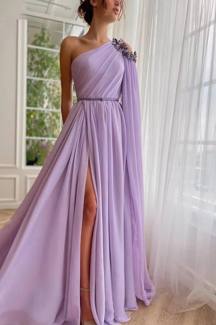 One Shoulder Beaded Bridesmaid Dresses Long Sexy Chiffon Side Split A-Line Pleated Prom Formal Dresses with Belt