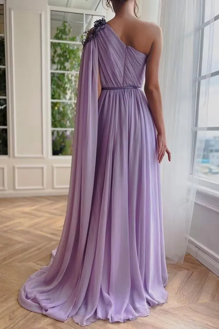 One Shoulder Beaded Bridesmaid Dresses Long Sexy Chiffon Side Split A-Line Pleated Prom Formal Dresses with Belt