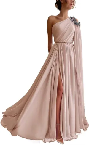 One Shoulder Beaded Bridesmaid Dresses Long Sexy Chiffon Side Split A-Line Pleated Prom Formal Dresses with Belt