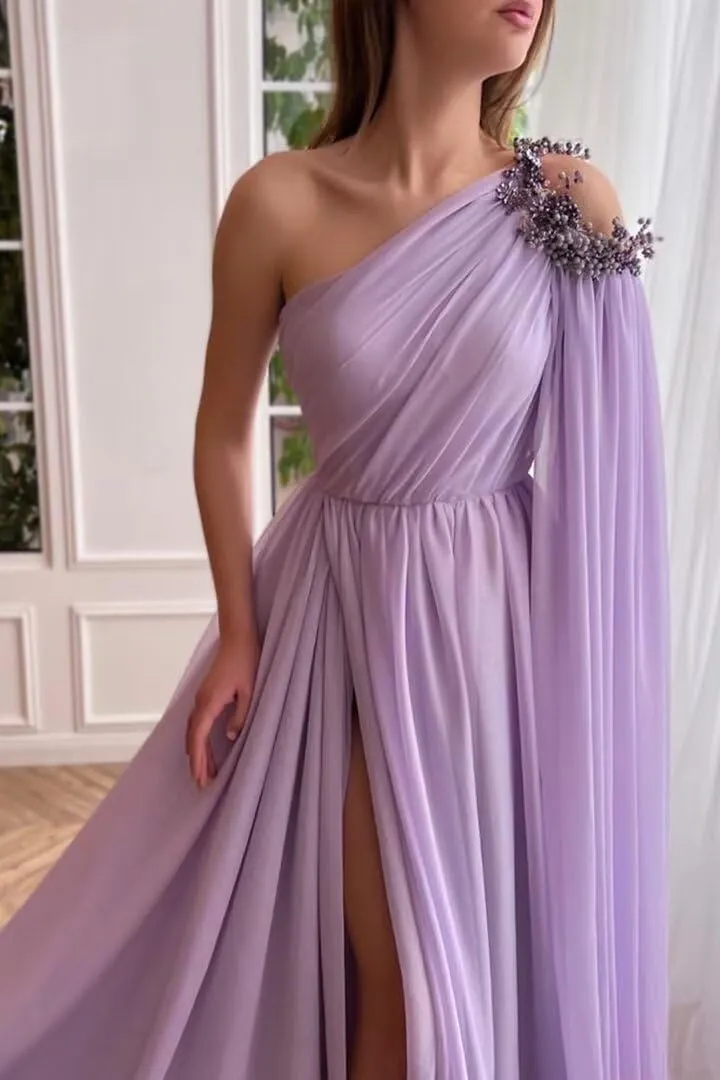 One Shoulder Beaded Bridesmaid Dresses Long Sexy Chiffon Side Split A-Line Pleated Prom Formal Dresses with Belt