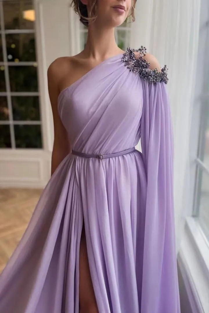One Shoulder Beaded Bridesmaid Dresses Long Sexy Chiffon Side Split A-Line Pleated Prom Formal Dresses with Belt
