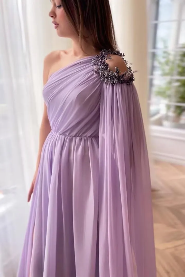 One Shoulder Beaded Bridesmaid Dresses Long Sexy Chiffon Side Split A-Line Pleated Prom Formal Dresses with Belt