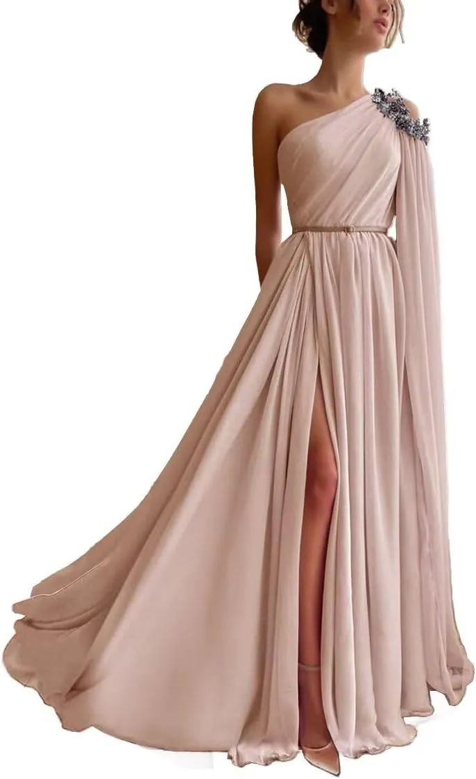 One Shoulder Beaded Bridesmaid Dresses Long Sexy Chiffon Side Split A-Line Pleated Prom Formal Dresses with Belt