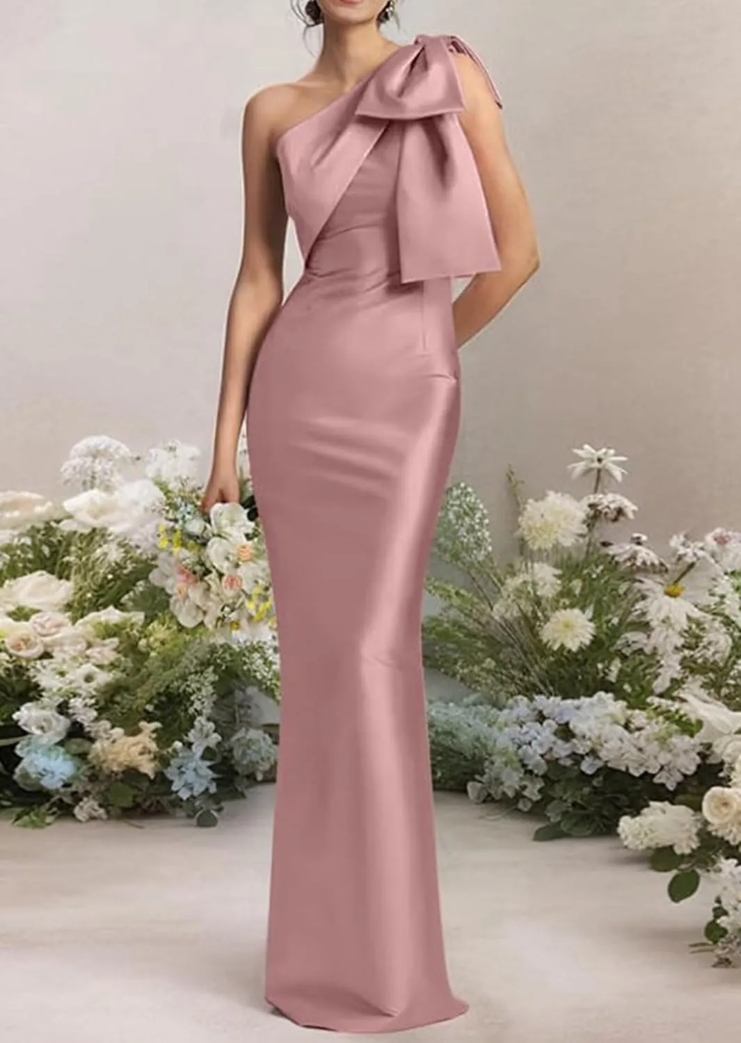 One Shoulder Bridesmaid Dress for Women Mermaid Satin Long Bodycon Formal Evening Gowns with Bow