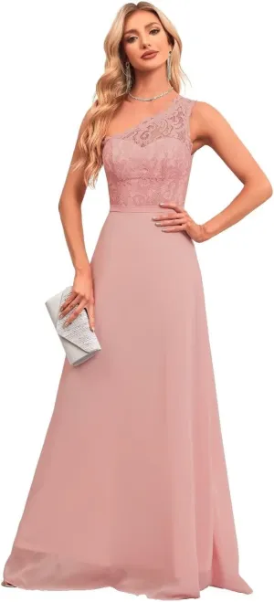 One Shoulder Bridesmaid Dresses Chiffon Mother of The Bride Dress Lace Applique Formal Dress with Pockets UU36
