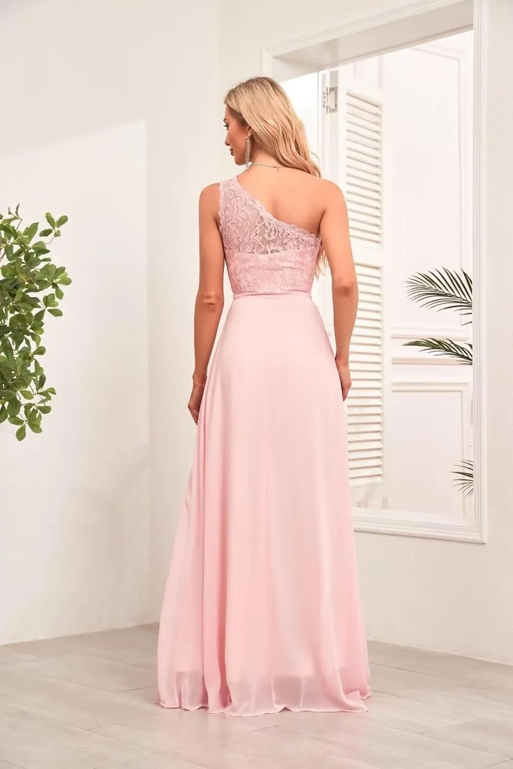 One Shoulder Bridesmaid Dresses Chiffon Mother of The Bride Dress Lace Applique Formal Dress with Pockets UU36