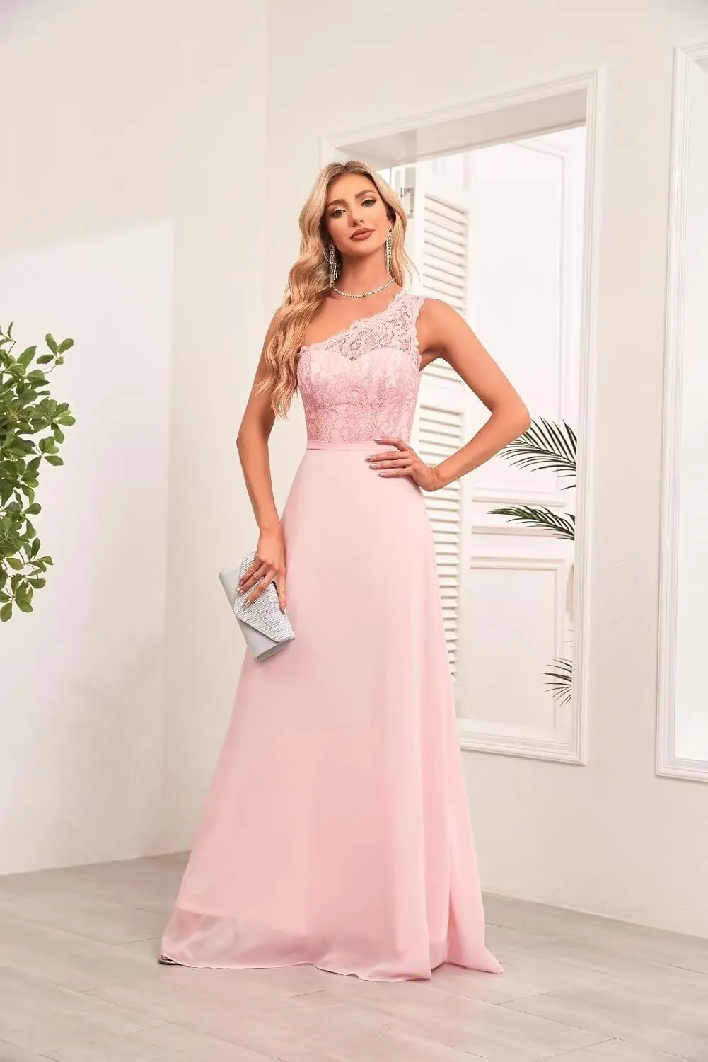 One Shoulder Bridesmaid Dresses Chiffon Mother of The Bride Dress Lace Applique Formal Dress with Pockets UU36