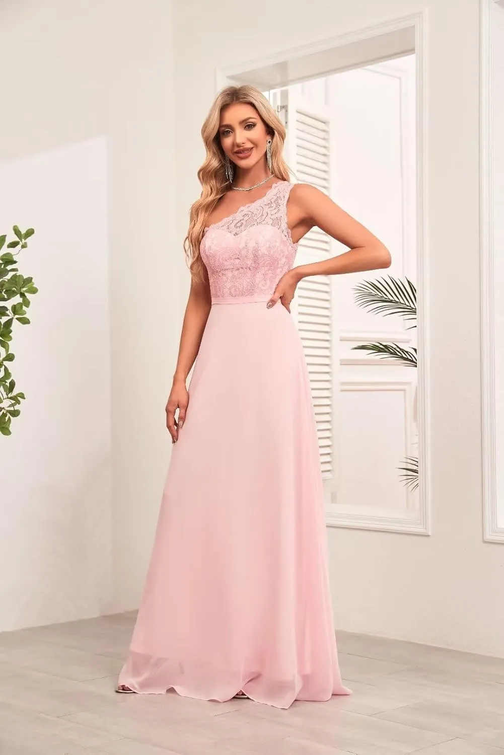 One Shoulder Bridesmaid Dresses Chiffon Mother of The Bride Dress Lace Applique Formal Dress with Pockets UU36