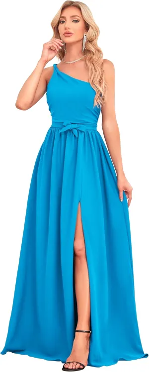 One Shoulder Bridesmaid Dresses Chiffon Prom Dress Long Slit Formal Evening Gowns for Women HS022