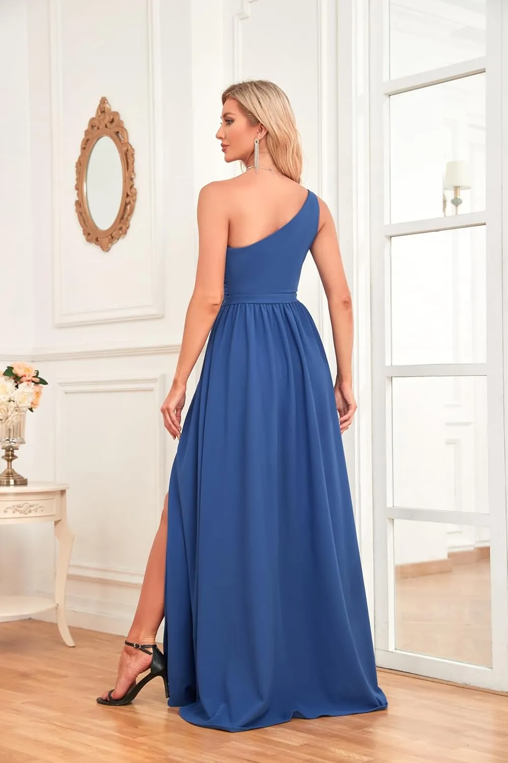 One Shoulder Bridesmaid Dresses Chiffon Prom Dress Long Slit Formal Evening Gowns for Women HS022