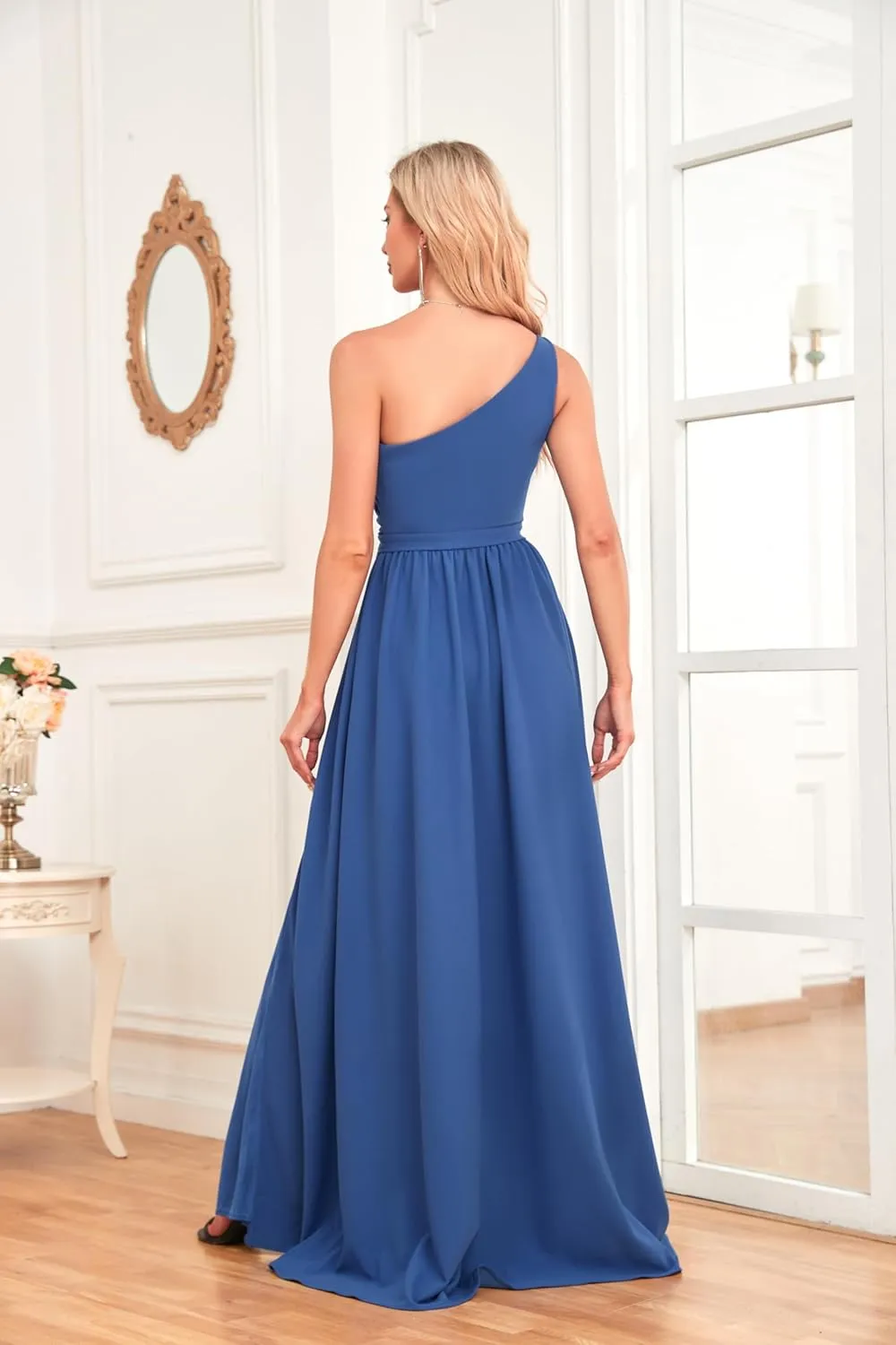 One Shoulder Bridesmaid Dresses Chiffon Prom Dress Long Slit Formal Evening Gowns for Women HS022