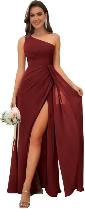 One Shoulder Bridesmaid Dresses for Wedding Chiffon Long Ruched Prom Formal Gown with Slit ZW09