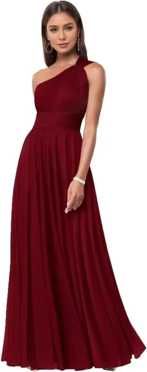 One Shoulder Bridesmaid Dresses for Women A Line Pleated Chiffon Long Formal Wedding Evening Party Dress with Pockets