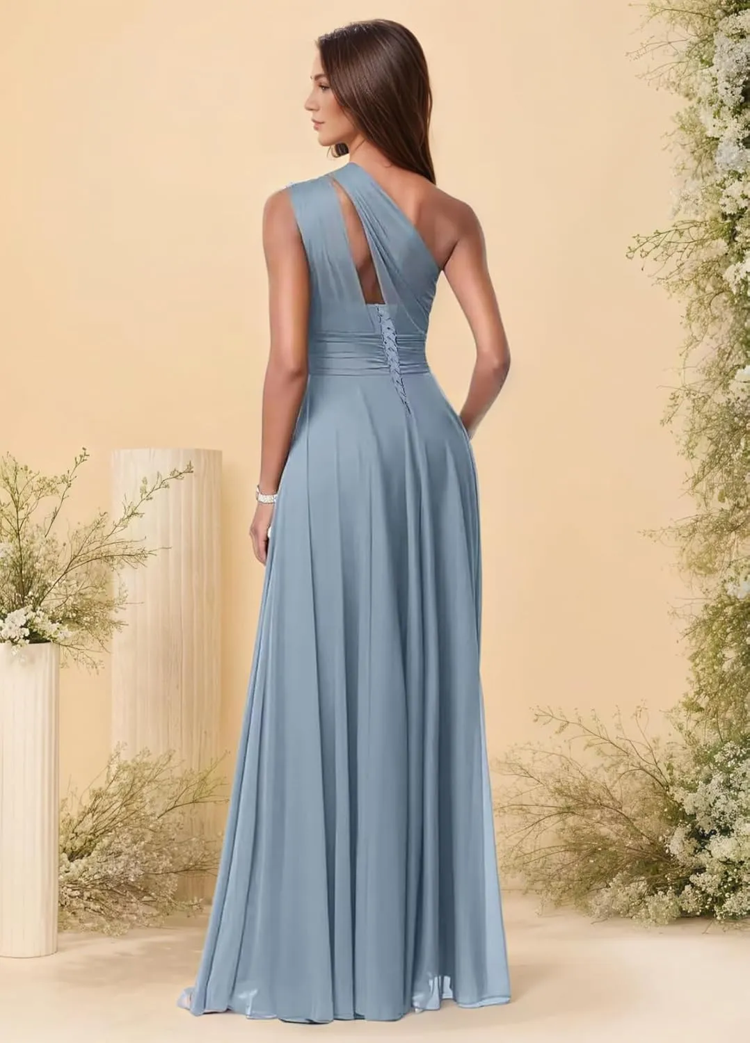 One Shoulder Bridesmaid Dresses for Women A Line Pleated Chiffon Long Formal Wedding Evening Party Dress with Pockets