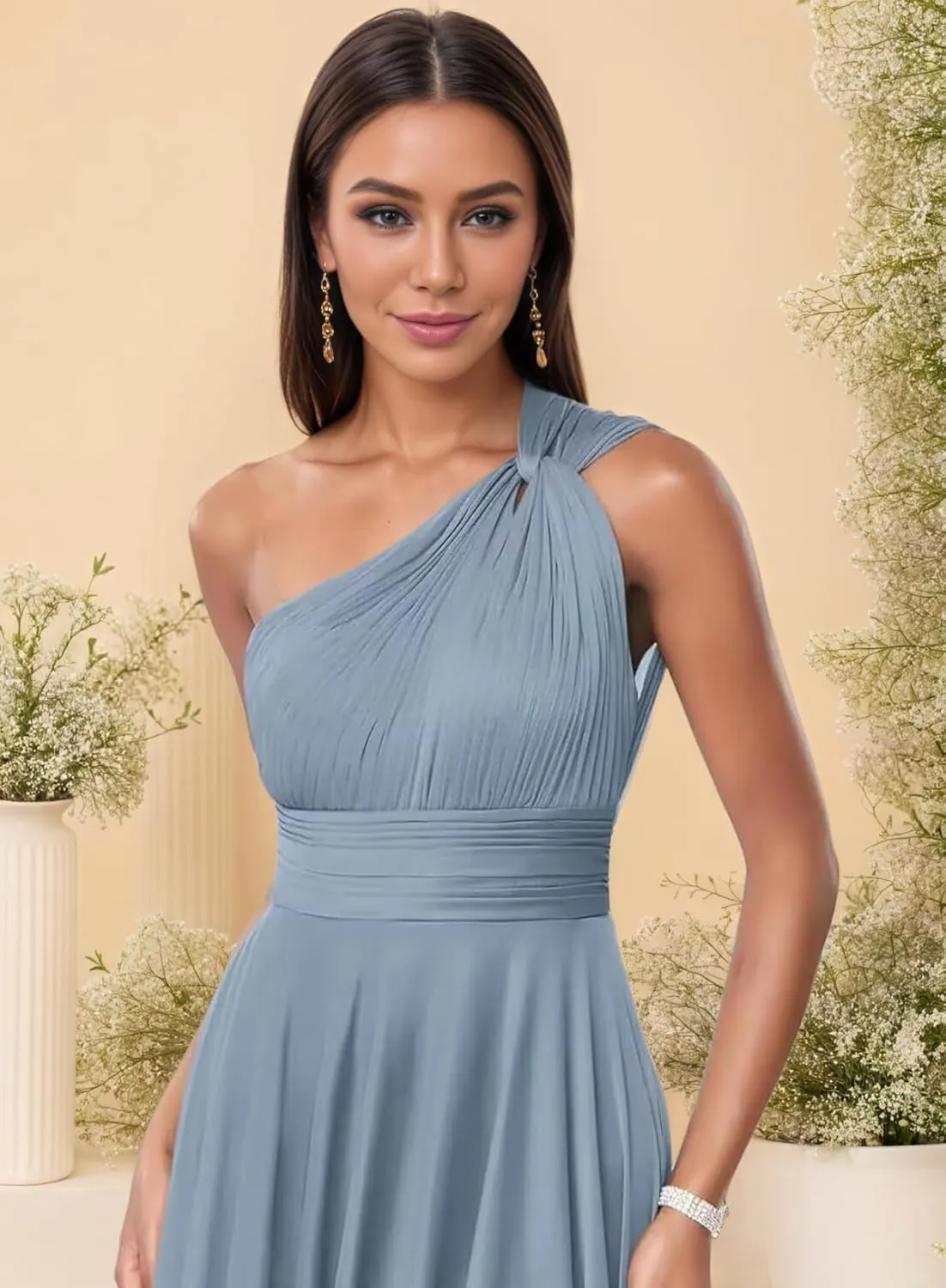 One Shoulder Bridesmaid Dresses for Women A Line Pleated Chiffon Long Formal Wedding Evening Party Dress with Pockets