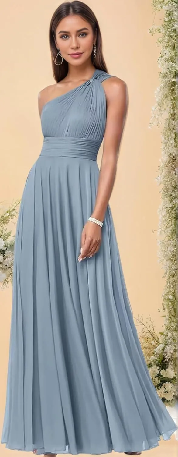 One Shoulder Bridesmaid Dresses for Women A Line Pleated Chiffon Long Formal Wedding Evening Party Dress with Pockets