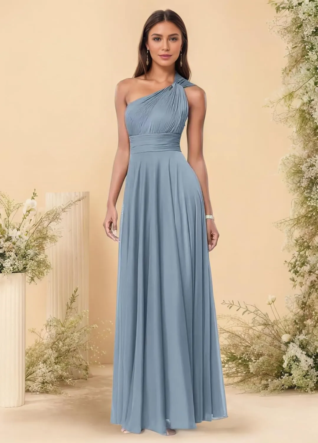 One Shoulder Bridesmaid Dresses for Women A Line Pleated Chiffon Long Formal Wedding Evening Party Dress with Pockets