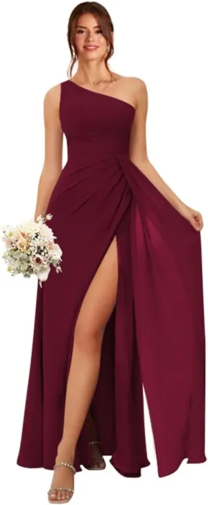 One Shoulder Bridesmaid Dresses for Women Chiffon A Line Ruched Long Evening Formal Dress with Slit LA013