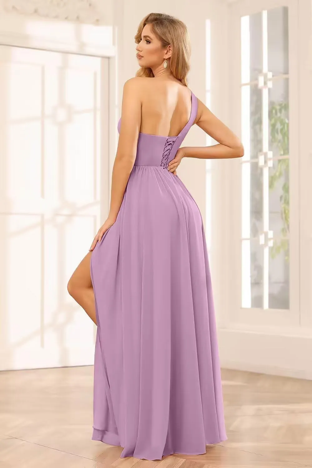 One Shoulder Bridesmaid Dresses for Women Chiffon A Line Ruched Long Evening Formal Dress with Slit LA013