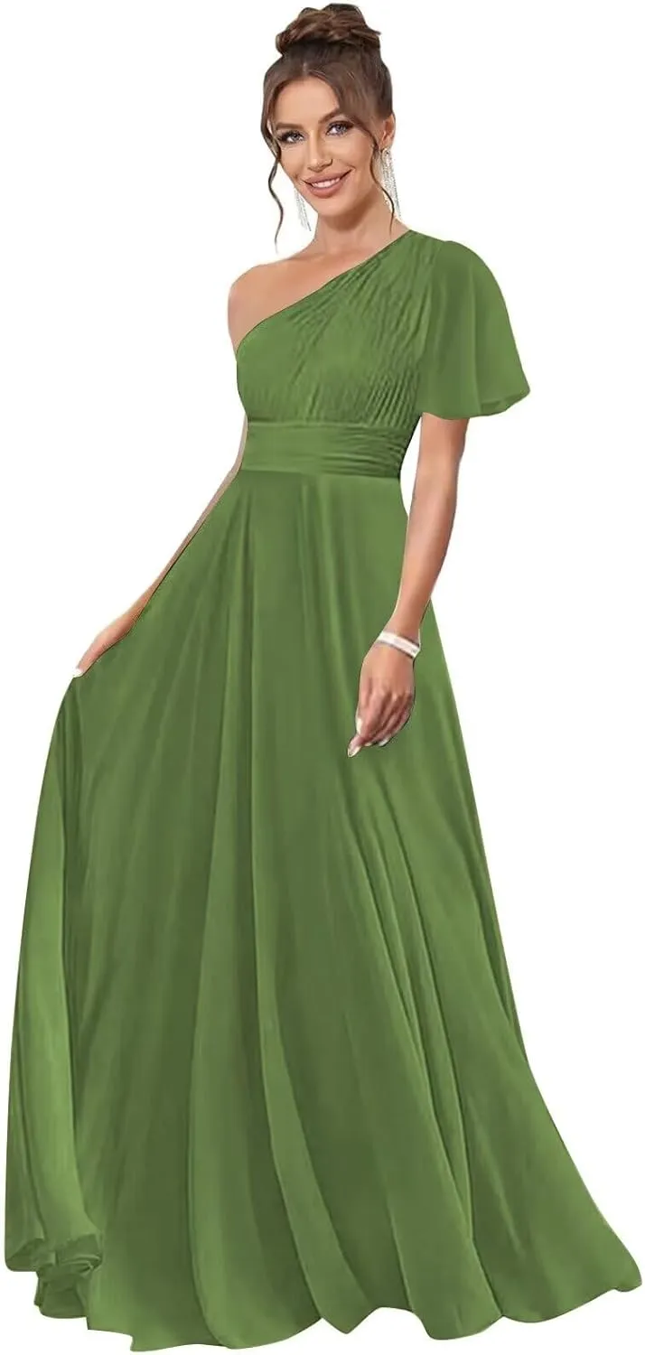 One Shoulder Bridesmaid Dresses for Women Long Short Sleeve Pleated Chiffon Formal Evening Gowns