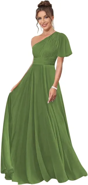 One Shoulder Bridesmaid Dresses for Women Long Short Sleeve Pleated Chiffon Formal Evening Gowns