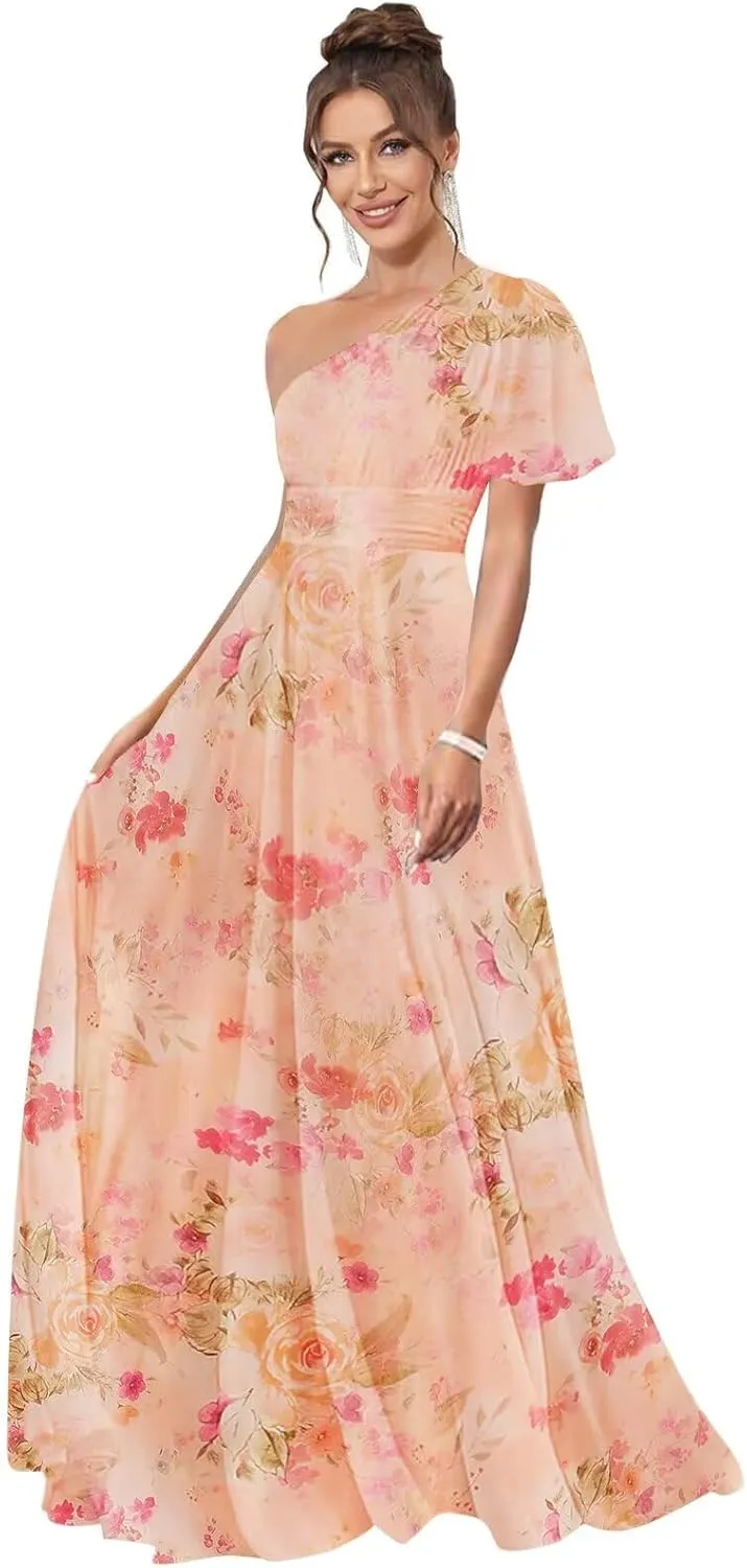 One Shoulder Bridesmaid Dresses for Women Long Short Sleeve Pleated Chiffon Formal Evening Gowns