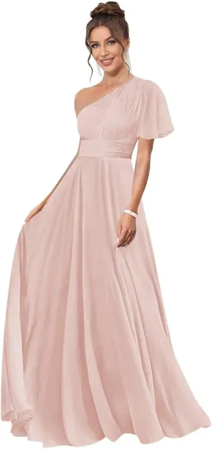 One Shoulder Bridesmaid Dresses for Women Long Short Sleeve Pleated Chiffon Formal Evening Gowns