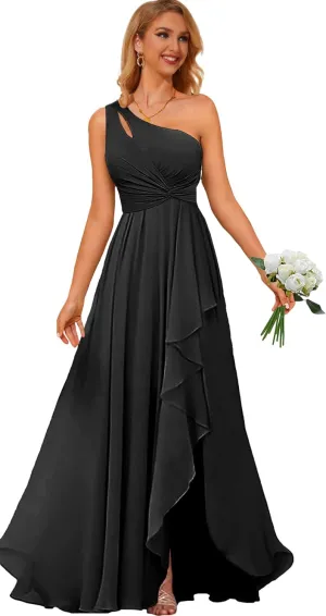 One Shoulder Bridesmaid Dresses with Slit Long Formal Dress for Women Corset Chiffon Evening Gown