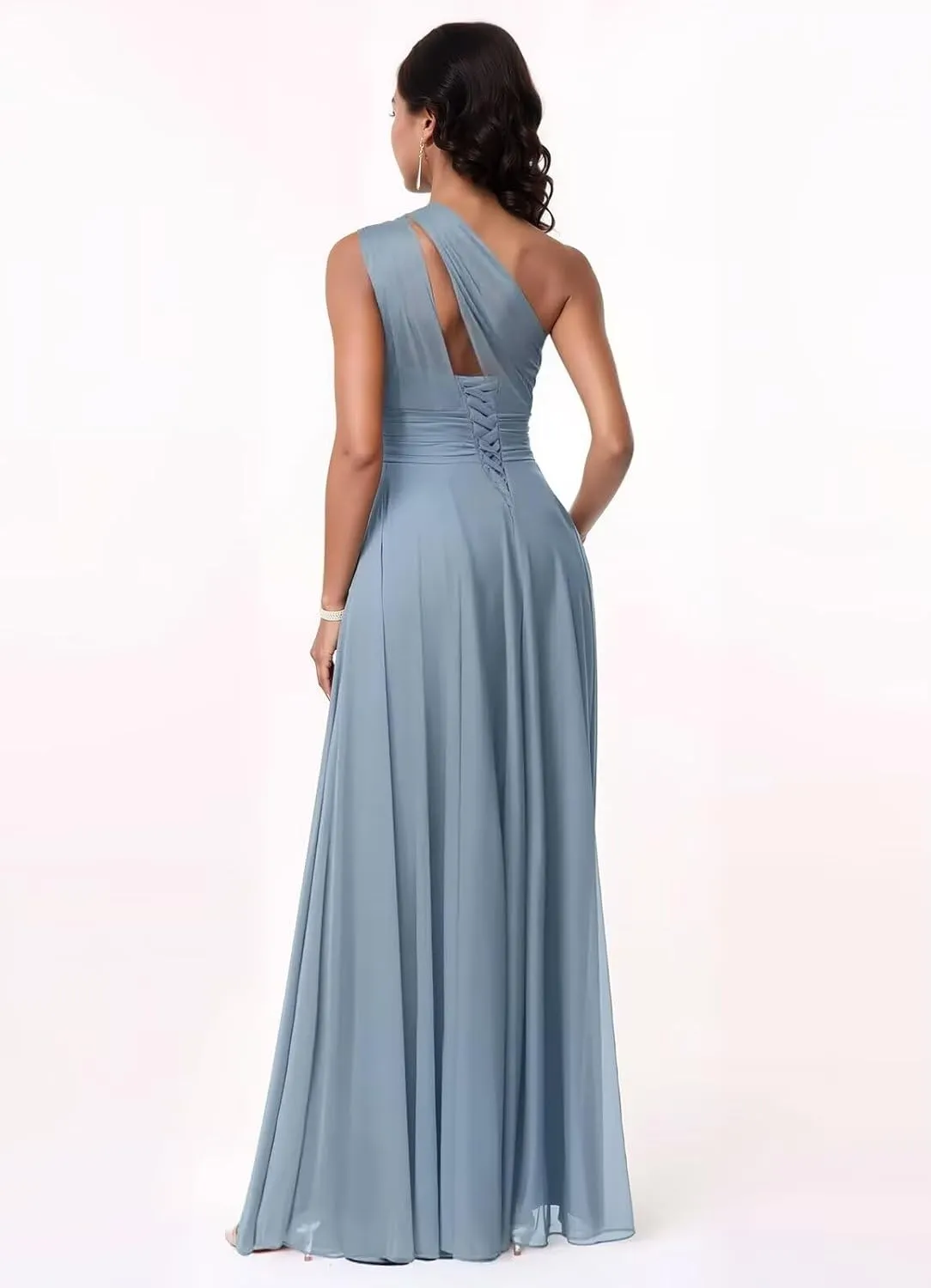 One Shoulder Chiffon Bridesmaid Dresses for Women Slit A Line Pleated Long Formal Wedding Guest Dress with Pockets