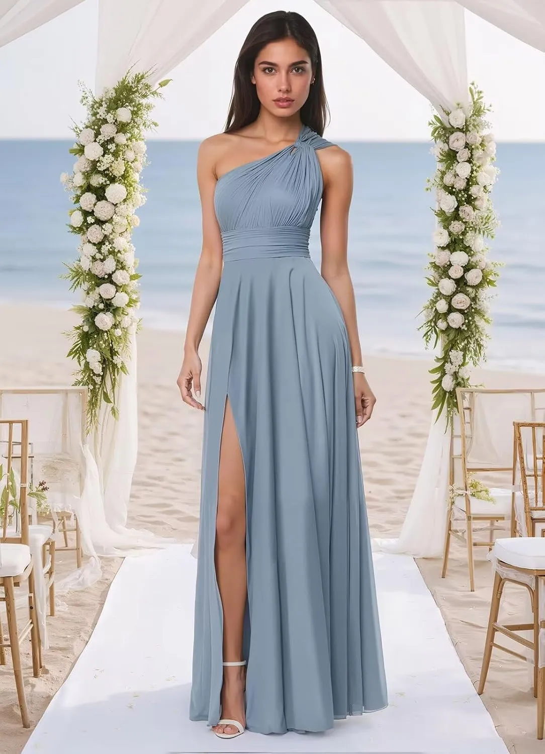 One Shoulder Chiffon Bridesmaid Dresses for Women Slit A Line Pleated Long Formal Wedding Guest Dress with Pockets