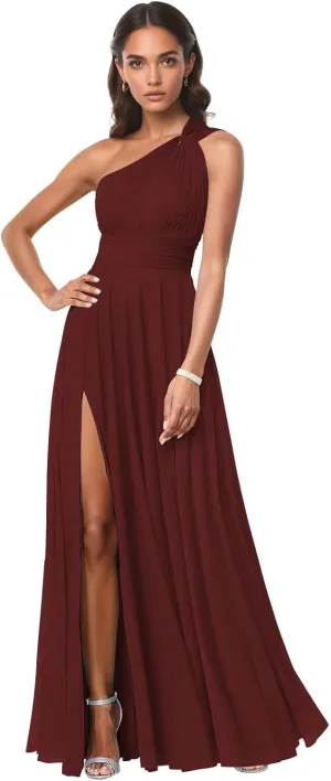 One Shoulder Chiffon Bridesmaid Dresses for Women Slit A Line Pleated Long Formal Wedding Guest Dress with Pockets