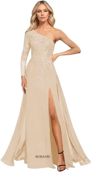 One Sleeve Mother of The Bride Dresses for Wedding Long Lace Sequin Formal Evening Dresses with Slit